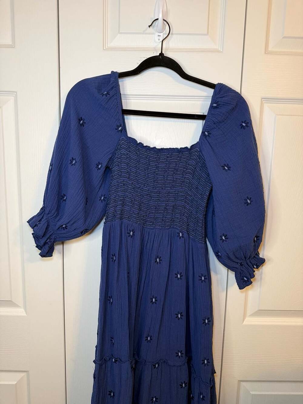 PinkBlush Royal Blue Gauze Smocked Embroidered Square Neck Maxi Dress